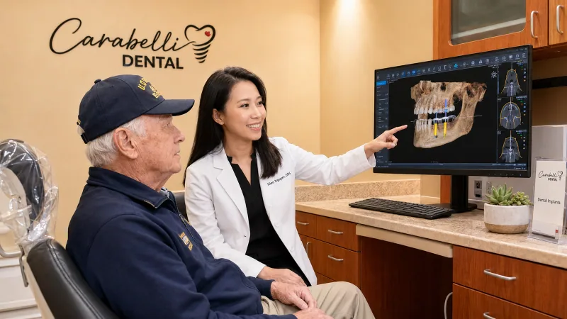 A veteran discussing dental care with a clinician in a calm consultation setting.